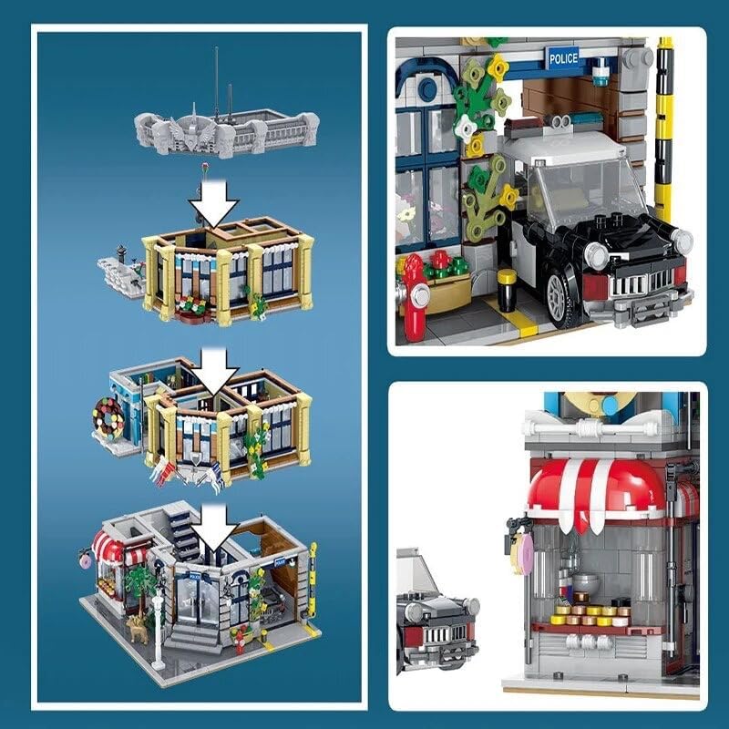 General Jim's City Police Station with Donut Shop Modular Building Blocks Set | MOC Building Set Compatible Bricks with Lego City Sets and Other Major Brands