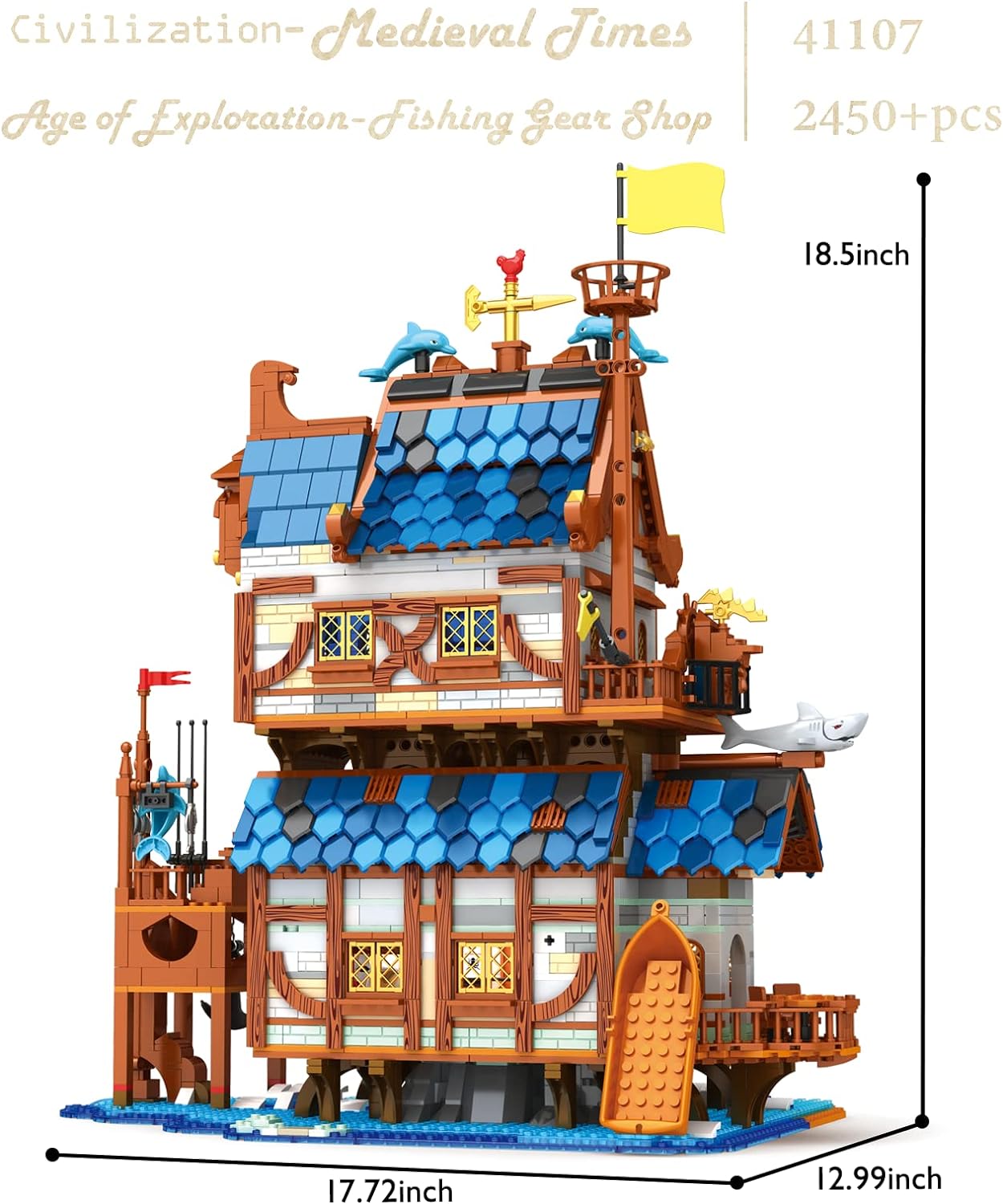 JMBricklayer Medieval Fishing Shop Building Sets for Adults, LED Lighting Kit Creative Fishing Gear Store Castle House Model Toy, Collectible or Home Display, Ideas Gifts for Boys Girls 41107