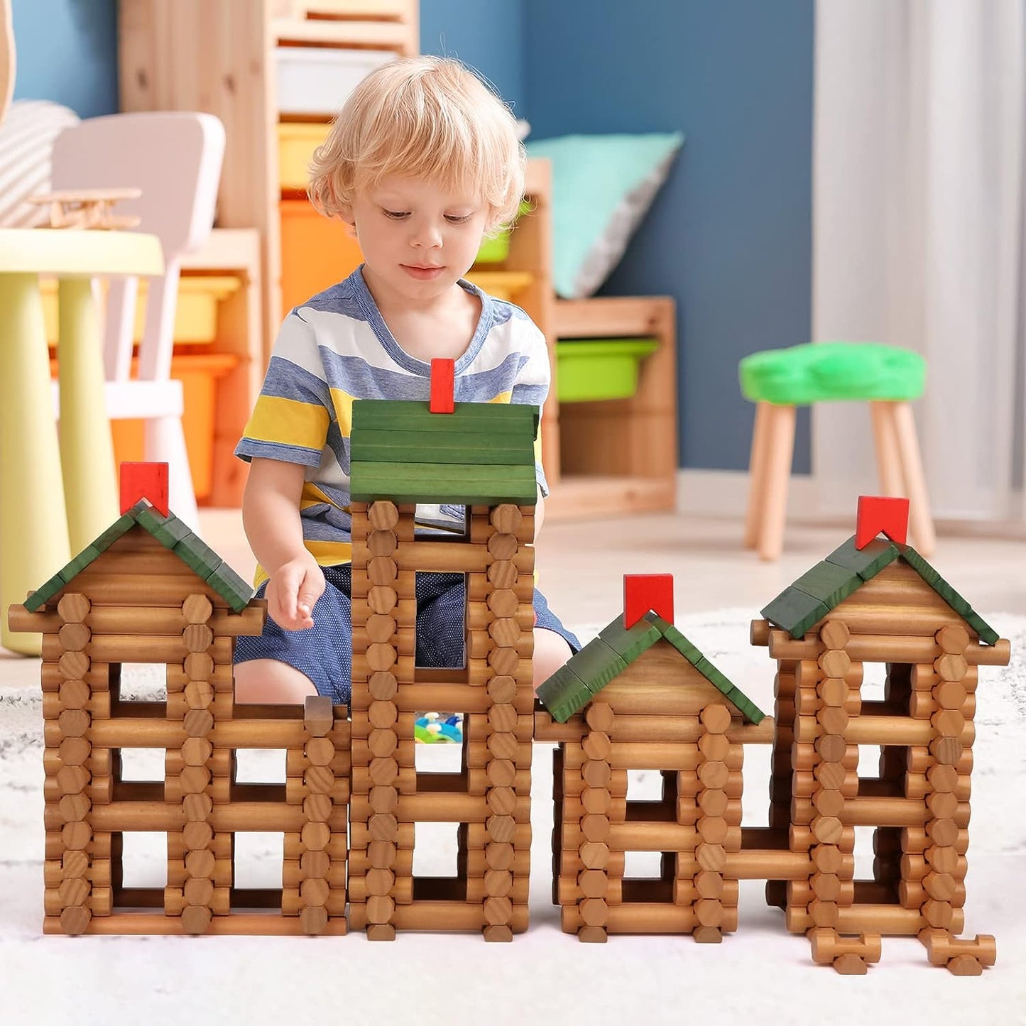 Wondertoys 530 Pcs Wooden Logs Set Ages 3+, Classic Building Log Toys for Kids, Creative Construction Engineering Educational Gifts