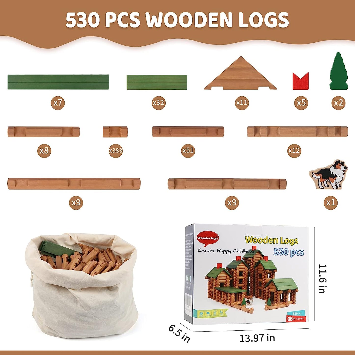 Wondertoys 530 Pcs Wooden Logs Set Ages 3+, Classic Building Log Toys for Kids, Creative Construction Engineering Educational Gifts