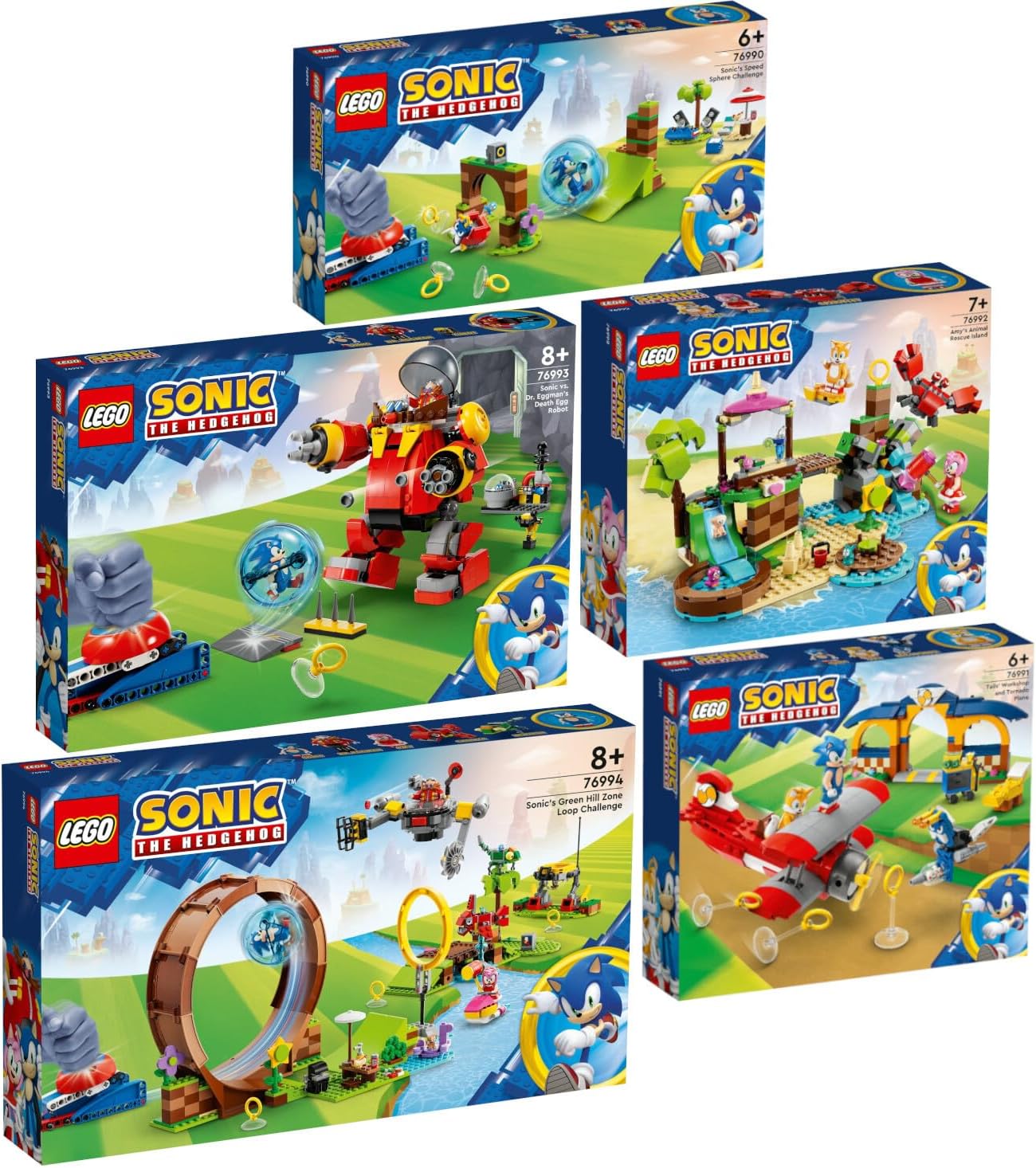 Lego Sonic Set of 5: 76990 Sonics Ball Challenge, 76991Tails Tornado Flyer with Workshop, 76992 Amys Animal Rescue Island, 76993 Sonic vs. Dr. Eggmans & 76994 Sonics Looping Challenge