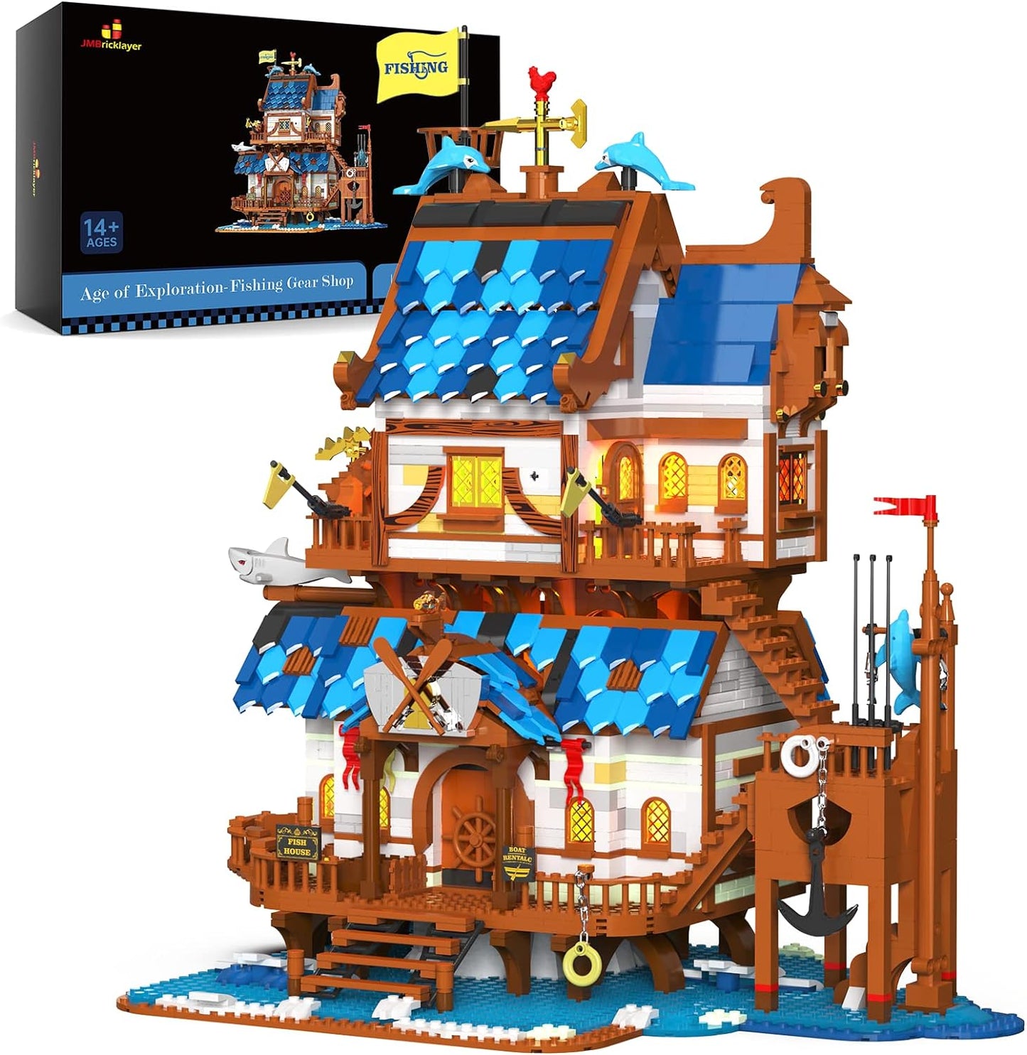 JMBricklayer Medieval Fishing Shop Building Sets for Adults, LED Lighting Kit Creative Fishing Gear Store Castle House Model Toy, Collectible or Home Display, Ideas Gifts for Boys Girls 41107