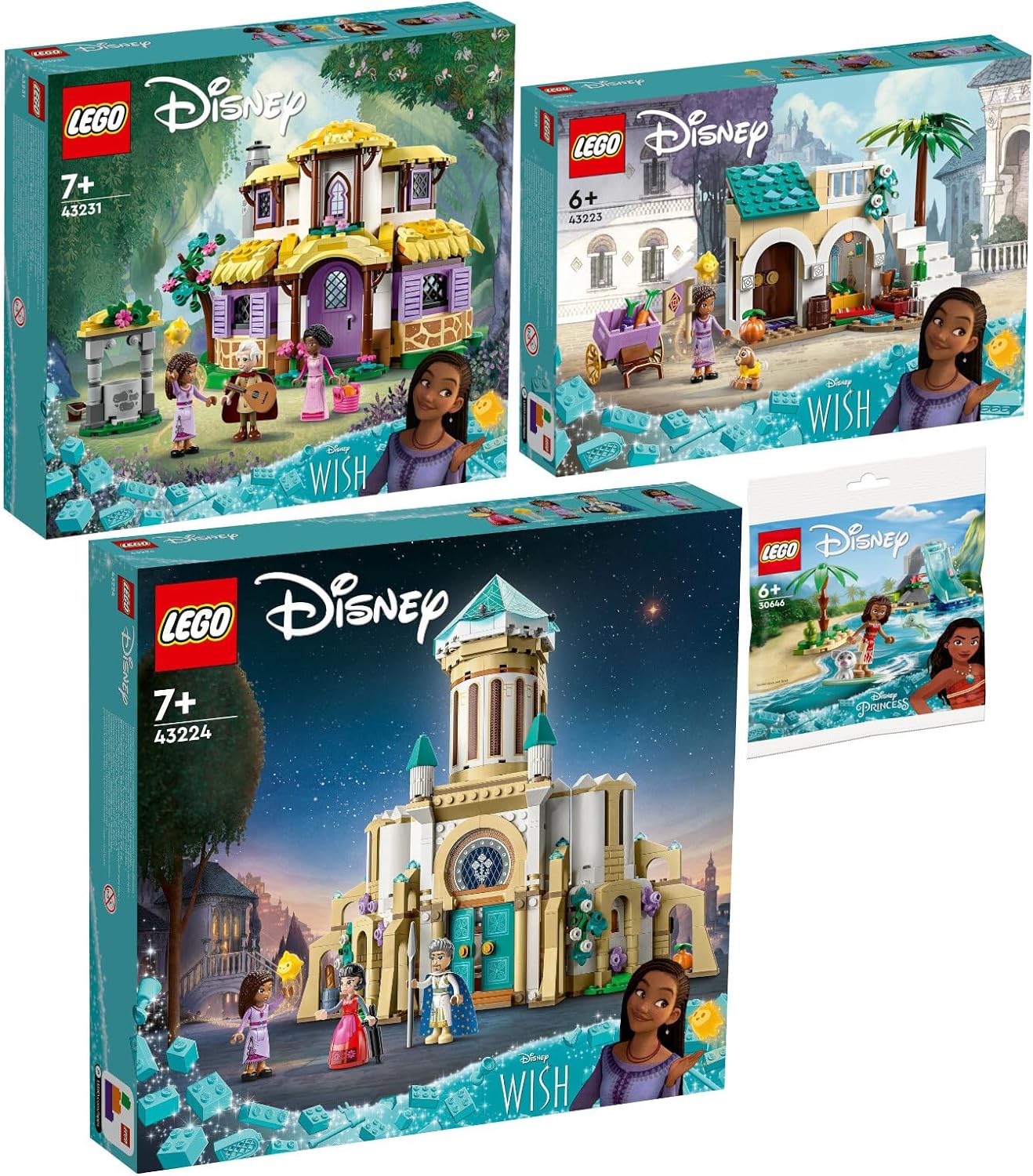 Lego Set of 4: 43223 Asha in the City of Rosas, 43224 King Magnificos Castle, 43231 Asha's Cottage & 30646 Vaianas Dolphin Bay